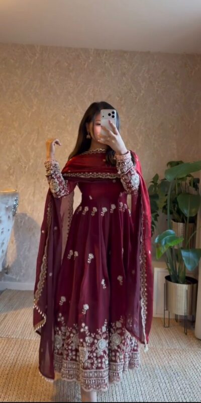 RTC 5985 Maroon Fendy Silk Salwar Suit with Mirror Work & Embroidery Work. Best Price ₹2499. Delivery 4-6 Working Days. Shop now. | Anarkali Suits, Bollywood Anarkali, Creative-Anarkali, Designer Anarkali, Embroidered Anarkali, Party Wear Anarkali