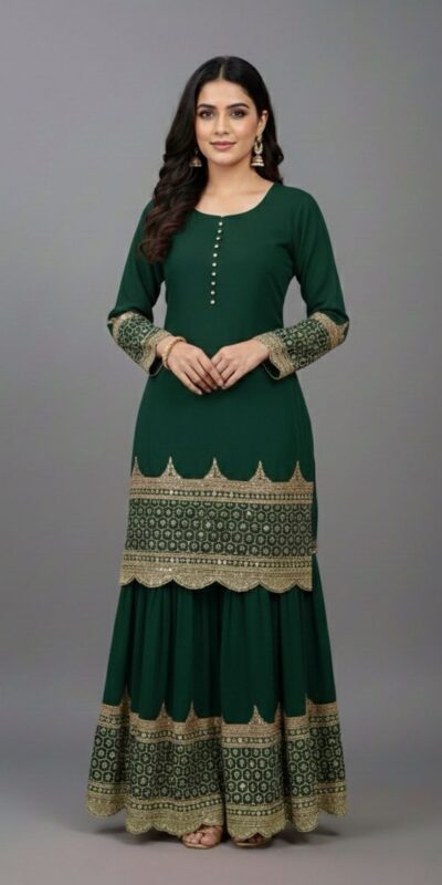 ZF 250 Green Color Faux Georgette Embroidery Sequence Work Sharara Suit Wedding, Party, Festive, Events Etc. Expected Delivery 4-6 Working Days @2099/- | Jump Suits, Salwar suit, Casual Suits, Creative suits, Designer Suits, Palazzo Suits, Party Wear Suits, Patiala Suits, Straight Suits