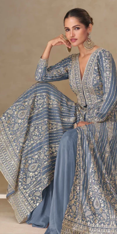 FC 10355 Grey Chinon Silk Salwar Suit with Embroidery Work & Lace Work. Affordable Price ₹3699. Delivery 4-6 Working Days. Shop now. | Jump Suits, Salwar suit, Casual Suits, Creative suits, Designer Suits, Palazzo Suits, Party Wear Suits, Patiala Suits, Straight Suits