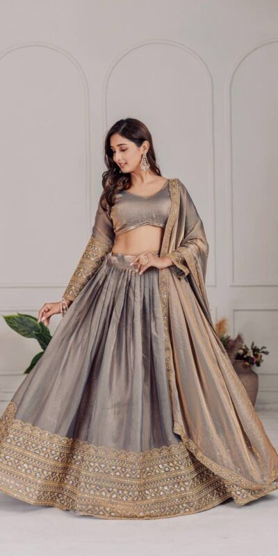 MT 1039 Grey Fendi Chiffon Lehenga Choli with Zari Work & Embroidery Work. Introductory Price ₹2599. Delivery 4-6 Working Days. Shop now. | Lehenga, Bollywood Lehenga, Creative Lehenga, Designer Lehenga, Embroidered Lehenga, Party Wear Lehenga