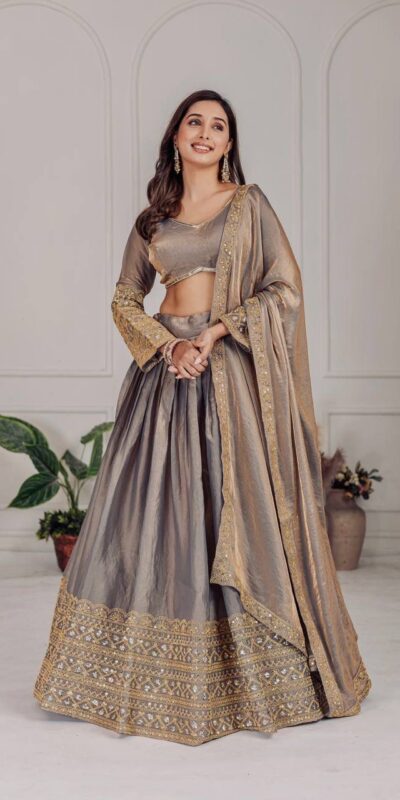 MT 1039 Grey Fendi Chiffon Lehenga Choli with Zari Work & Embroidery Work. Introductory Price ₹2599. Delivery 4-6 Working Days. Shop now. | Lehenga, Bollywood Lehenga, Creative Lehenga, Designer Lehenga, Embroidered Lehenga, Party Wear Lehenga