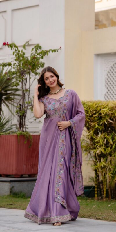 RR 39 Rust Lavender Silk Gown Perfect for Wedding, Party, Holi, Anniversary, Mehendi –. Grab it for ₹2149. Delivery 4-6 Working Days. Shop now. | Gowns, Bollywood Gowns, Creative Gowns, Designer Gowns, Embroidered Gowns, Party Wear Gowns