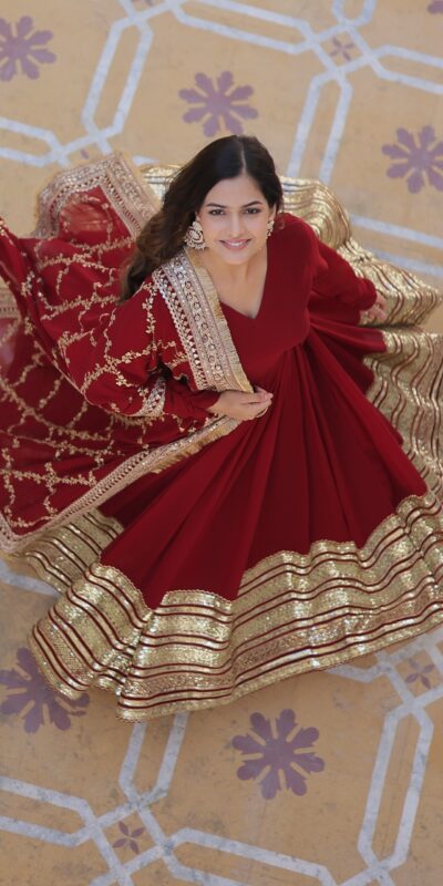KA 1082 Maroon Faux Blooming Gown with Embroidery Work & Zari Work. Available at ₹3149 only. Delivery 4-6 Working Days. Shop now. | Gowns, Bollywood Gowns, Creative Gowns, Designer Gowns, Embroidered Gowns, Party Wear Gowns