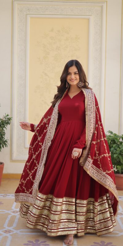 KA 1082 Maroon Faux Blooming Gown with Embroidery Work & Zari Work. Available at ₹3149 only. Delivery 4-6 Working Days. Shop now. | Gowns, Bollywood Gowns, Creative Gowns, Designer Gowns, Embroidered Gowns, Party Wear Gowns