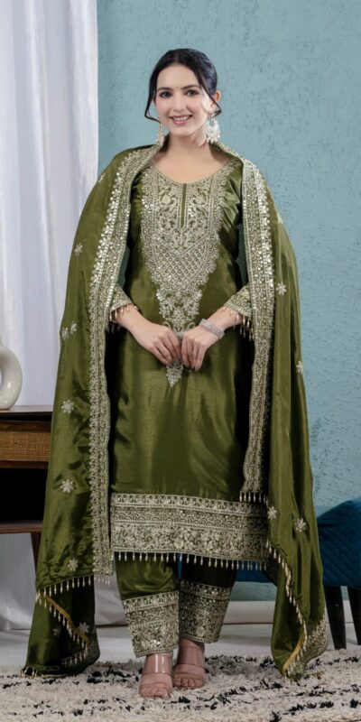 MF 444 Mehandi Chnnon Silk Salwar Suit with Lace Work & Embroidery Work. Introductory Price ₹2099. Delivery 4-6 Working Days. Shop now. | Jump Suits, Salwar suit, Casual Suits, Creative suits, Designer Suits, Palazzo Suits, Party Wear Suits, Patiala Suits, Straight Suits