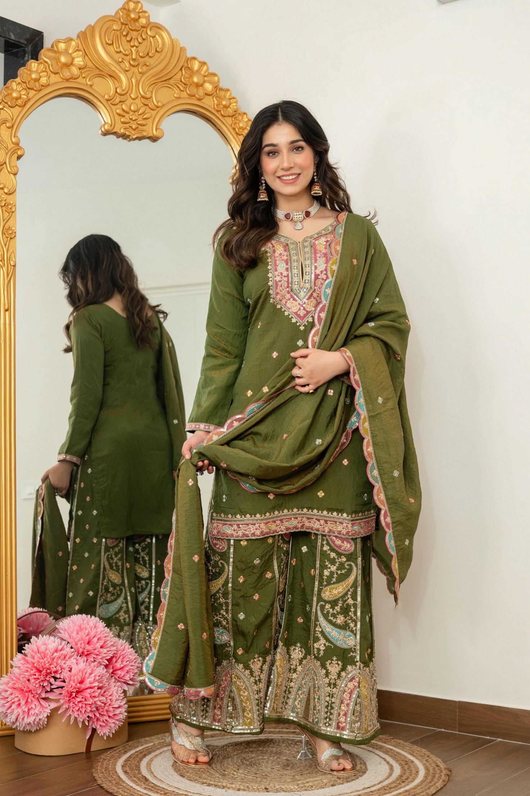 WW 6007 Mehendi Vichitra Silk Salwar Suit with Embroidery Work. Wedding, Party, Festive, Events, Grab it for ₹2599. Delivery 4-6 Working Days. Shop now. | Jump Suits, Salwar suit, Casual Suits, Creative suits, Designer Suits, Palazzo Suits, Party Wear Suits, Patiala Suits, Straight Suits