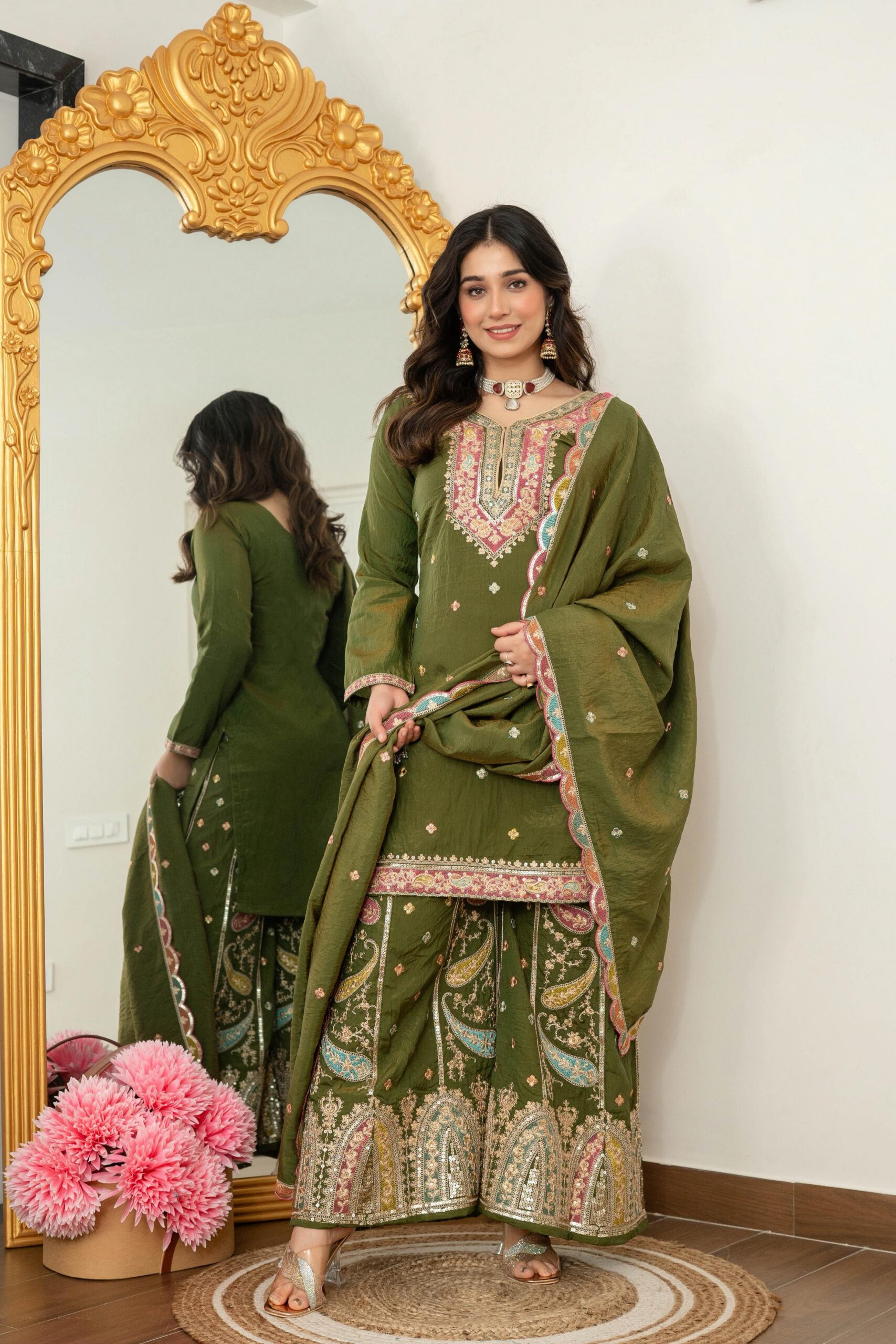 WW 6007 Mehendi Vichitra Silk Salwar Suit with Embroidery Work. Wedding, Party, Festive, Events, Grab it for ₹2599. Delivery 4-6 Working Days. Shop now. | Jump Suits, Salwar suit, Casual Suits, Creative suits, Designer Suits, Palazzo Suits, Party Wear Suits, Patiala Suits, Straight Suits