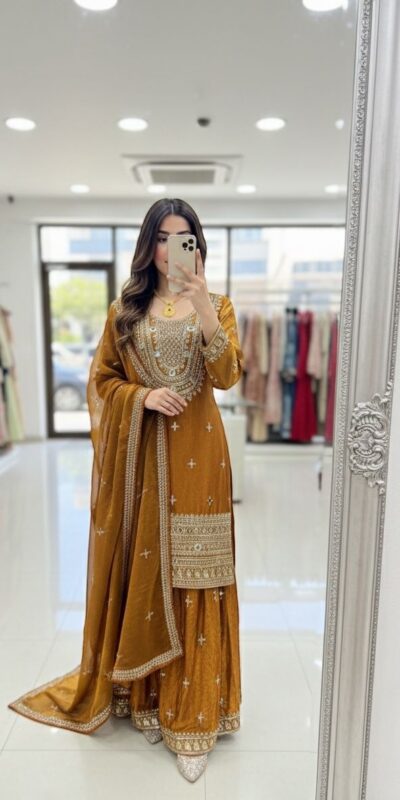 WW 1249 Mustered Fendy Silk Salwar Suit with Mirror Work & Embroidery Work. Best Price ₹2399. Delivery 4-6 Working Days. Shop now. | Jump Suits, Salwar suit, Casual Suits, Creative suits, Designer Suits, Palazzo Suits, Party Wear Suits, Patiala Suits, Straight Suits