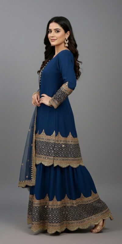 ZF 250 Navy Blue Color Faux Georgette Embroidery Sequence Work Sharara Suit Wedding, Party, Festive, Events Etc. Expected Delivery 4-6 Working Days @2099/- | Jump Suits, Salwar suit, Casual Suits, Creative suits, Designer Suits, Palazzo Suits, Party Wear Suits, Patiala Suits, Straight Suits
