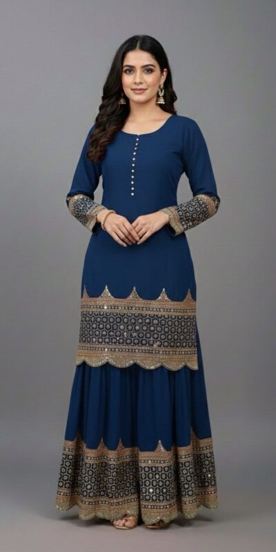 ZF 250 Navy Blue Color Faux Georgette Embroidery Sequence Work Sharara Suit Wedding, Party, Festive, Events Etc. Expected Delivery 4-6 Working Days @2099/- | Jump Suits, Salwar suit, Casual Suits, Creative suits, Designer Suits, Palazzo Suits, Party Wear Suits, Patiala Suits, Straight Suits