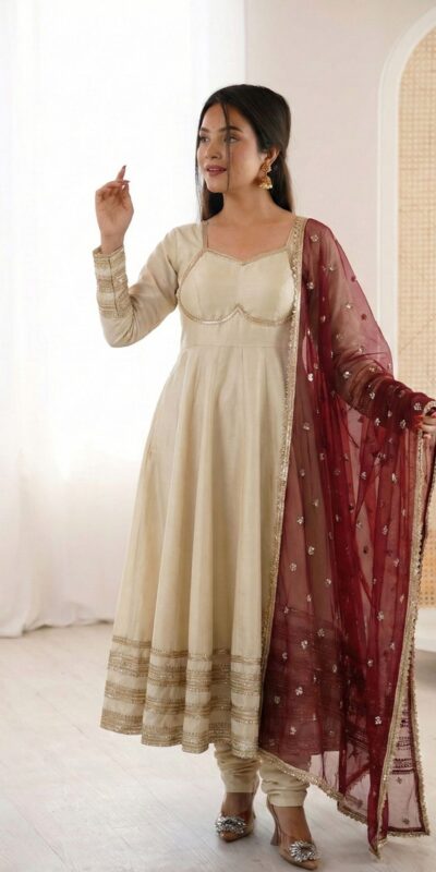 ZF 5017 Off White Cosmos Gold Gown with Embroidery Work & Lace Work. Get it for ₹2099. Delivery 4-6 Working Days. Shop now. | Gowns, Bollywood Gowns, Creative Gowns, Designer Gowns, Embroidered Gowns, Party Wear Gowns