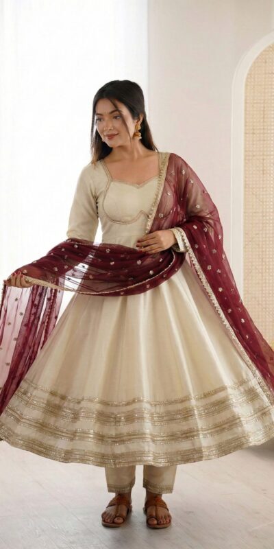 ZF 5017 Off White Cosmos Gold Gown with Embroidery Work & Lace Work. Get it for ₹2099. Delivery 4-6 Working Days. Shop now. | Gowns, Bollywood Gowns, Creative Gowns, Designer Gowns, Embroidered Gowns, Party Wear Gowns