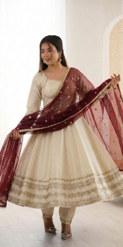 ZF 5017 Off White Cosmos Gold Gown with Embroidery Work & Lace Work. Get it for ₹2099. Delivery 4-6 Working Days. Shop now. | Gowns, Bollywood Gowns, Creative Gowns, Designer Gowns, Embroidered Gowns, Party Wear Gowns