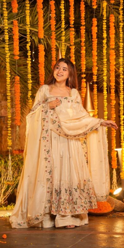 NF 1264 Off White Natural Crap Silk Anarkali Suit with Embroidery Work. Available at ₹3049 only. Delivery 4-6 Working Days. Shop now. | Anarkali Suits, Bollywood Anarkali, Creative-Anarkali, Designer Anarkali, Embroidered Anarkali, Party Wear Anarkali