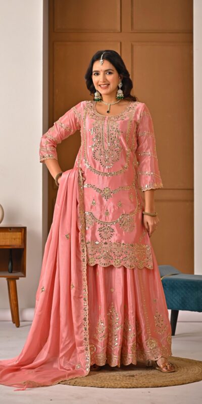 ND 5033 Peach Chinon Silk Salwar Suit with Embroidery Work & Lace Work. Affordable Price ₹2149. Delivery 4-6 Working Days. Shop now. | Jump Suits, Salwar suit, Casual Suits, Creative suits, Designer Suits, Palazzo Suits, Party Wear Suits, Patiala Suits, Straight Suits