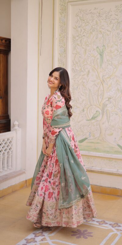 KA 1225 Peach Peach Russian Silk Gown with Embroidery Work & Zari Work. Special Price ₹2599. Delivery 4-6 Working Days. Shop now. | Gowns, Bollywood Gowns, Creative Gowns, Designer Gowns, Embroidered Gowns, Party Wear Gowns