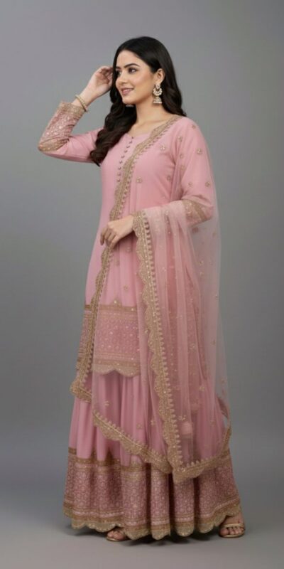 ZF 250 Pink Color Faux Georgette Embroidery Sequence Work Sharara Suit Wedding, Party, Festive, Events Etc. Expected Delivery 4-6 Working Days @2099/- | Jump Suits, Salwar suit, Casual Suits, Creative suits, Designer Suits, Palazzo Suits, Party Wear Suits, Patiala Suits, Straight Suits