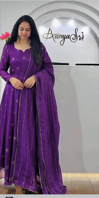 PC 482 Purple Chinon Gown with Embroidery Work. Wedding, Party, Festive, Events, Introductory Price ₹1949. Delivery 4-6 Working Days. Shop now. | Gowns, Bollywood Gowns, Creative Gowns, Designer Gowns, Embroidered Gowns, Party Wear Gowns