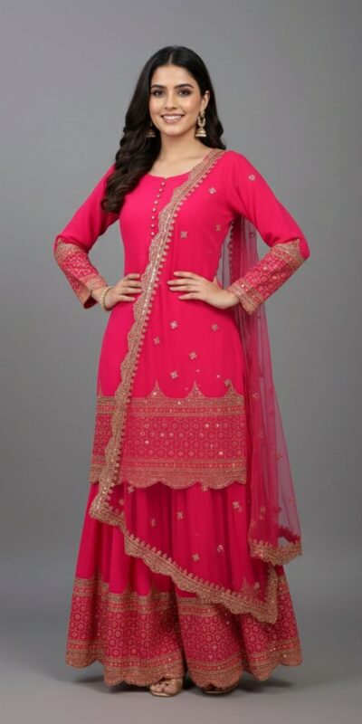 ZF 250 Rani Pink Color Faux Georgette Embroidery Sequence Work Sharara Suit Wedding, Party, Festive, Events Etc. Expected Delivery 4-6 Working Days @2099/- | Jump Suits, Salwar suit, Casual Suits, Creative suits, Designer Suits, Palazzo Suits, Party Wear Suits, Patiala Suits, Straight Suits