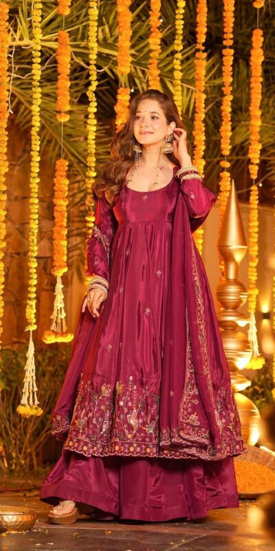 NF 1264 Red Natural Crap Silk Anarkali Suit with Embroidery Work. Available at ₹3049 only. Delivery 4-6 Working Days. Shop now. | Anarkali Suits, Bollywood Anarkali, Creative-Anarkali, Designer Anarkali, Embroidered Anarkali, Party Wear Anarkali
