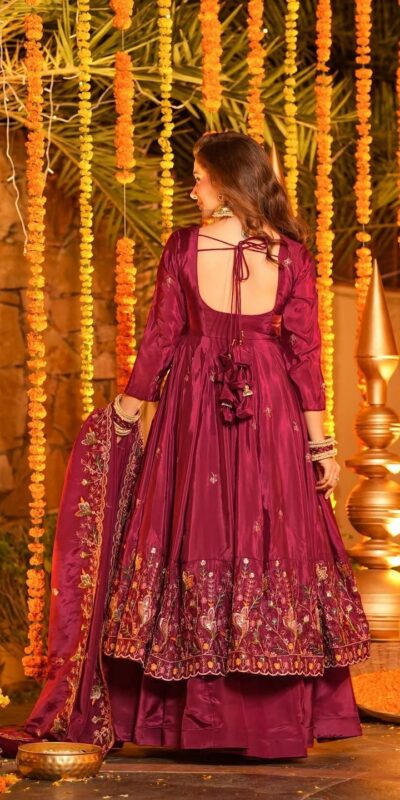 NF 1264 Red Natural Crap Silk Anarkali Suit with Embroidery Work. Available at ₹3049 only. Delivery 4-6 Working Days. Shop now. | Anarkali Suits, Bollywood Anarkali, Creative-Anarkali, Designer Anarkali, Embroidered Anarkali, Party Wear Anarkali