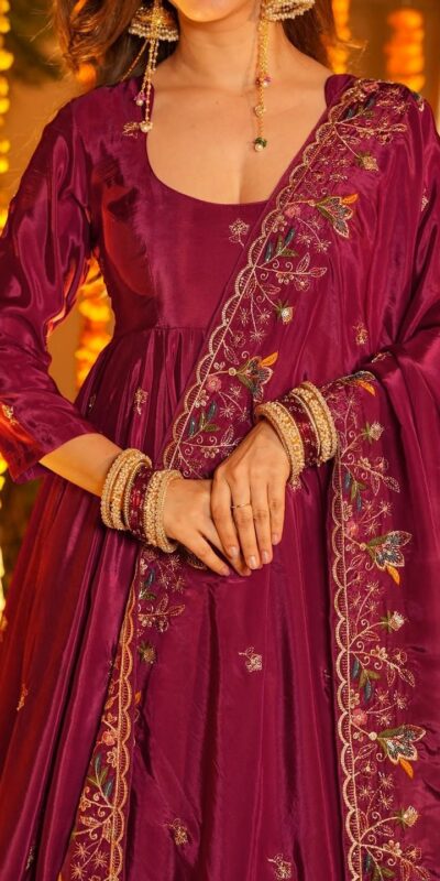 NF 1264 Red Natural Crap Silk Anarkali Suit with Embroidery Work. Available at ₹3049 only. Delivery 4-6 Working Days. Shop now. | Anarkali Suits, Bollywood Anarkali, Creative-Anarkali, Designer Anarkali, Embroidered Anarkali, Party Wear Anarkali