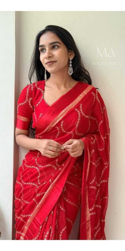 MS 505 Red Viscose Satin Saree with Sequins Work & Embroidery Work. Special Price ₹1599. Delivery 4-6 Working Days. Shop now. | Sarees, Bollywood Sarees, Creative Sarees, Designer Sarees, Embroidered Sarees, Ethnic Saree, Modern Digital sarees, Party Wear Sarees