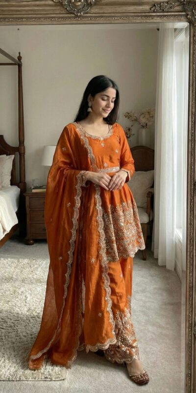 ZSR 3162 Rust Fendy Silk Salwar Suit with Mirror Work & Embroidery Work. Best Price ₹2149. Delivery 4-6 Working Days. Shop now. | Jump Suits, Salwar suit, Casual Suits, Creative suits, Designer Suits, Palazzo Suits, Party Wear Suits, Patiala Suits, Straight Suits