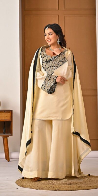 MD 3079 Cream Color Roman Silk Salwar Suit with Embroidery Work. Available at ₹2499 only. Delivery 4-6 Working Days. Shop now. | Jump Suits, Salwar suit, Casual Suits, Creative suits, Designer Suits, Palazzo Suits, Party Wear Suits, Patiala Suits, Straight Suits