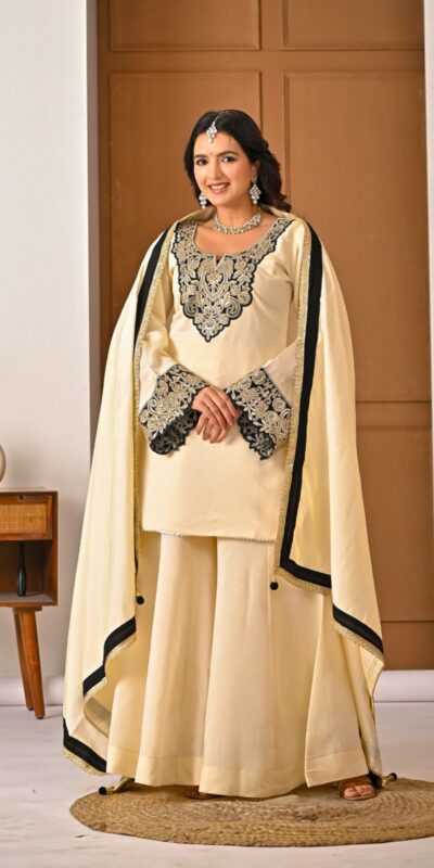 MD 3079 Cream Color Roman Silk Salwar Suit with Embroidery Work. Available at ₹2499 only. Delivery 4-6 Working Days. Shop now. | Jump Suits, Salwar suit, Casual Suits, Creative suits, Designer Suits, Palazzo Suits, Party Wear Suits, Patiala Suits, Straight Suits