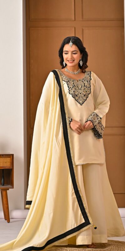 MD 3079 Cream Color Roman Silk Salwar Suit with Embroidery Work. Available at ₹2499 only. Delivery 4-6 Working Days. Shop now. | Jump Suits, Salwar suit, Casual Suits, Creative suits, Designer Suits, Palazzo Suits, Party Wear Suits, Patiala Suits, Straight Suits