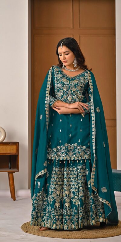 NF 1245 Teal Chinon Silk Lehenga Choli with Embroidery Work & Zari Work. Now at just ₹2449. Delivery 4-6 Working Days. Shop now. | Lehenga, Bollywood Lehenga, Creative Lehenga, Designer Lehenga, Embroidered Lehenga, Party Wear Lehenga