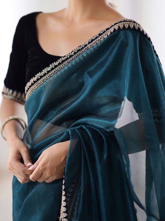 SC 1017 Teal Soft Twil Net Silk Saree Perfect for Wedding, Party, Temple Visit, Reception, Sangeet – . Now at just ₹1699. Delivery 4-6 Working Days. | Sarees, Bollywood Sarees, Creative Sarees, Designer Sarees, Embroidered Sarees, Ethnic Saree, Modern Digital sarees, Party Wear Sarees