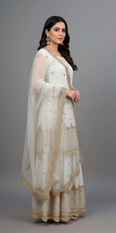 ZF 250 White Color Faux Georgette Embroidery Sequence Work Sharara Suit Wedding, Party, Festive, Events Etc. Expected Delivery 4-6 Working Days @2099/- | Jump Suits, Salwar suit, Casual Suits, Creative suits, Designer Suits, Palazzo Suits, Party Wear Suits, Patiala Suits, Straight Suits