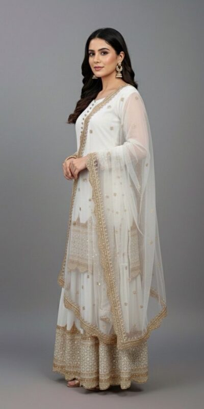 ZF 250 White Color Faux Georgette Embroidery Sequence Work Sharara Suit Wedding, Party, Festive, Events Etc. Expected Delivery 4-6 Working Days @2099/- | Jump Suits, Salwar suit, Casual Suits, Creative suits, Designer Suits, Palazzo Suits, Party Wear Suits, Patiala Suits, Straight Suits