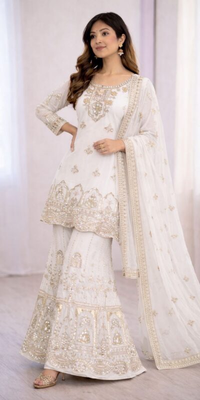 WW 1250 White Faux Georgette With 5 mm Sequence Work Salwar Suit Wedding, Party, Festive, Events Etc. Expected Delivery 4-6 Working Days @2399/- | Jump Suits, Salwar suit, Casual Suits, Creative suits, Designer Suits, Palazzo Suits, Party Wear Suits, Patiala Suits, Straight Suits