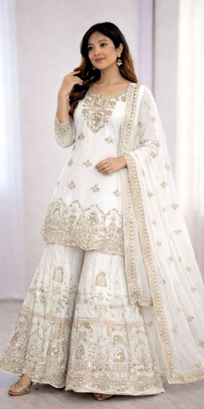 WW 1250 White Faux Georgette With 5 mm Sequence Work Salwar Suit Wedding, Party, Festive, Events Etc. Expected Delivery 4-6 Working Days @2399/- | Jump Suits, Salwar suit, Casual Suits, Creative suits, Designer Suits, Palazzo Suits, Party Wear Suits, Patiala Suits, Straight Suits