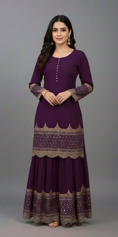 ZF 250 Wine Color Faux Georgette Embroidery Sequence Work Sharara Suit Wedding, Party, Festive, Events Etc. Expected Delivery 4-6 Working Days @2099/- | Jump Suits, Salwar suit, Casual Suits, Creative suits, Designer Suits, Palazzo Suits, Party Wear Suits, Patiala Suits, Straight Suits
