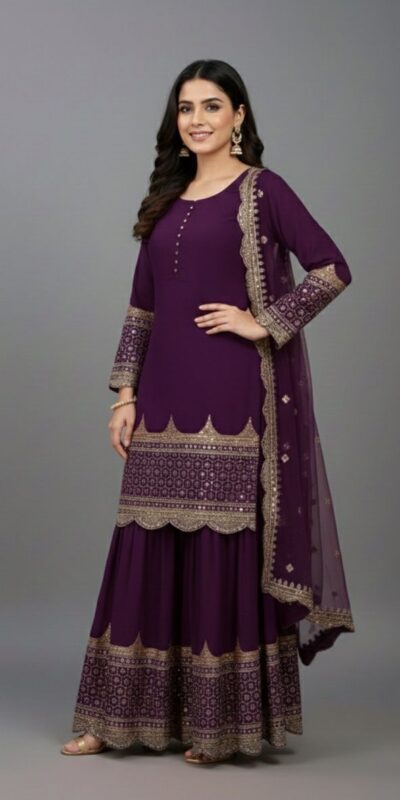 ZF 250 Wine Color Faux Georgette Embroidery Sequence Work Sharara Suit Wedding, Party, Festive, Events Etc. Expected Delivery 4-6 Working Days @2099/- | Jump Suits, Salwar suit, Casual Suits, Creative suits, Designer Suits, Palazzo Suits, Party Wear Suits, Patiala Suits, Straight Suits