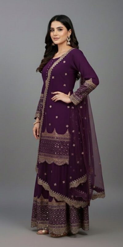 ZF 250 Wine Color Faux Georgette Embroidery Sequence Work Sharara Suit Wedding, Party, Festive, Events Etc. Expected Delivery 4-6 Working Days @2099/- | Jump Suits, Salwar suit, Casual Suits, Creative suits, Designer Suits, Palazzo Suits, Party Wear Suits, Patiala Suits, Straight Suits