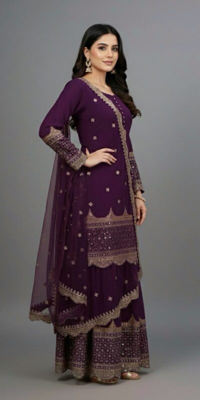 ZF 250 Wine Color Faux Georgette Embroidery Sequence Work Sharara Suit Wedding, Party, Festive, Events Etc. Expected Delivery 4-6 Working Days @2099/- | Jump Suits, Salwar suit, Casual Suits, Creative suits, Designer Suits, Palazzo Suits, Party Wear Suits, Patiala Suits, Straight Suits