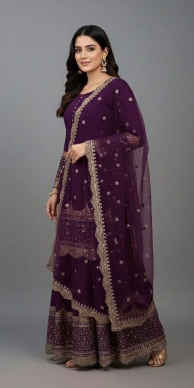 ZF 250 Wine Color Faux Georgette Embroidery Sequence Work Sharara Suit Wedding, Party, Festive, Events Etc. Expected Delivery 4-6 Working Days @2099/- | Jump Suits, Salwar suit, Casual Suits, Creative suits, Designer Suits, Palazzo Suits, Party Wear Suits, Patiala Suits, Straight Suits