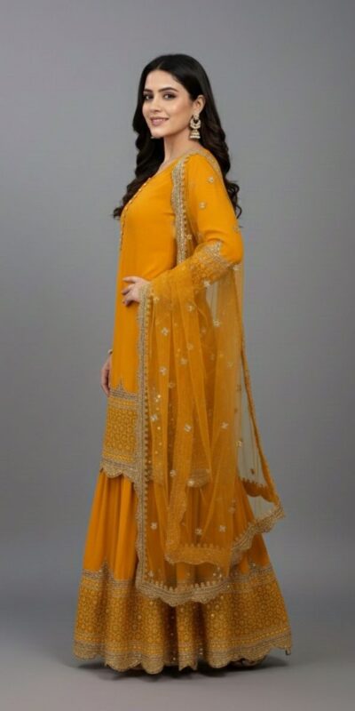ZF 250 Yellow Color Faux Georgette Embroidery Sequence Work Sharara Suit Wedding, Party, Festive, Events Etc. Expected Delivery 4-6 Working Days @2099/- | Jump Suits, Salwar suit, Casual Suits, Creative suits, Designer Suits, Palazzo Suits, Party Wear Suits, Patiala Suits, Straight Suits