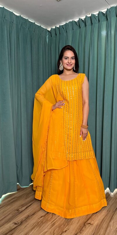 FB L299 Yellow in Color Georgette Mirror Work Lehenga Choli e. Introductory Price ₹2549. Delivery 4-6 Working Days. Shop now. | Lehenga, Bollywood Lehenga, Creative Lehenga, Designer Lehenga, Embroidered Lehenga, Party Wear Lehenga