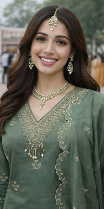 Alternative view of Shiny Green Roman Silk Sequence Work Salwar Suit
