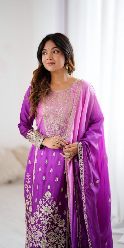 KD 1621 Purple Shaded Chinon silk Salwar Suit with Thread Embroidery. Festive Deal ₹2399. Delivery 4-6 Working Days. Shop now. | Jump Suits, Salwar suit, Casual Suits, Creative suits, Designer Suits, Palazzo Suits, Party Wear Suits, Patiala Suits, Straight Suits