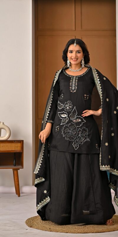 ND 5067 Black Vichitra Silk Salwar Suit with Embroidery Work. Wedding, Party, Festive, Events, Grab it for ₹2399. Delivery 4-6 Working Days. Shop now. | Jump Suits, Salwar suit, Casual Suits, Creative suits, Designer Suits, Palazzo Suits, Party Wear Suits, Patiala Suits, Straight Suits