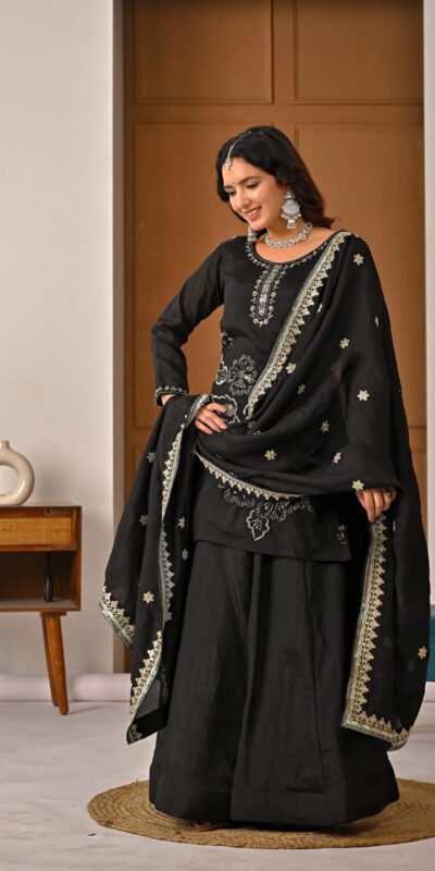 ND 5067 Black Vichitra Silk Salwar Suit with Embroidery Work. Wedding, Party, Festive, Events, Grab it for ₹2399. Delivery 4-6 Working Days. Shop now. | Jump Suits, Salwar suit, Casual Suits, Creative suits, Designer Suits, Palazzo Suits, Party Wear Suits, Patiala Suits, Straight Suits