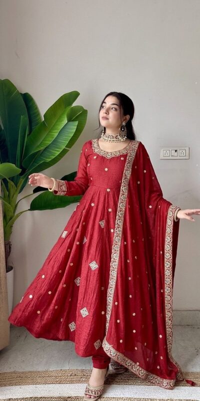 SRK 5351 Red Crunchy Silk Gown Perfect for Wedding, Party, Haldi, Anniversary, Holi – . Affordable Price ₹2149. Delivery 4-6 Working Days. Shop now. | Gowns, Bollywood Gowns, Creative Gowns, Designer Gowns, Embroidered Gowns, Party Wear Gowns
