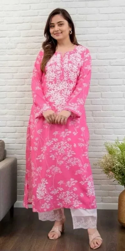 Simple Pink Poly Cotton Chikenkari Work Kurti